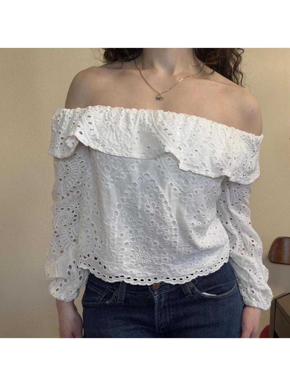Nasty Gal White Eyelet Off the Shoulder Long Sleeve Blouse Womens 4